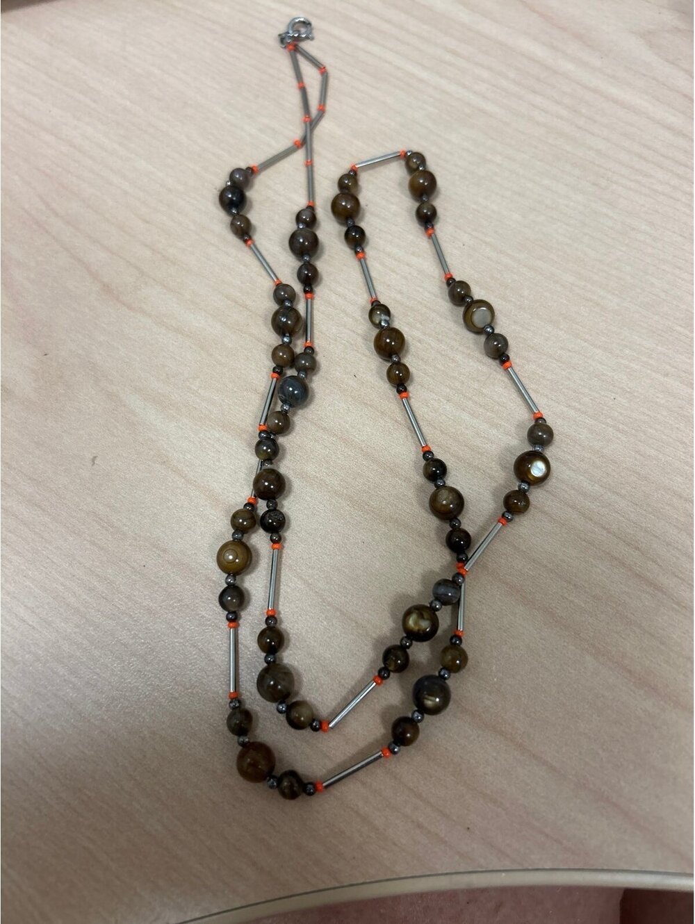 Vintage Brown Mother of Pearl Shell Bead Necklace with Orange seed beads accents